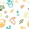 Spring seamless pattern with doodle elements. Hand drawn icon bird, umbrella, birdhouse, flowerpot, rubberboot, su