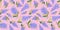 Spring Seamless Pattern of Floral elements in doodle style on pink background. Violet Flowers and green leaf Patterns