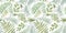 Spring Seamless Pattern. Floral elements in doodle style. White background. Tropical green leaves