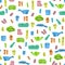 Spring seamless pattern with garden tools, seeds, greenhouse and seedlings. Background for gardening