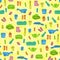 Spring seamless pattern with garden tools, seeds, greenhouse and seedlings. Background for gardening