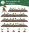 Spring searching math counting game for children with cute girl planting plants in the garden. Cute funny smiling characters. Find