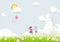 Spring season concept. Boy and girl playing kite with Windmills