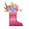 Spring season greeting card, pink rubber boot with doodle flowers. Hello Spring hand line lettring. Flan artistic vector