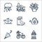 spring season line icons. linear set. quality vector line set such as lamp, bike, umbrella, watering can, boots, paper boat,