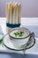 Spring season - white asparagus soup with fresh green chives re