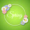 Spring seasonal banner. Paper round 3d frame. Multicolored realistic flowers on a green backdrop. Ladybug on a daisy. Vector