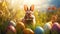 Spring Serendipity: Fluffy Bunny Delighting in a Meadow of Vibrant Easter Eggs. Generative AI