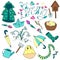 spring set of doodle elements - raincoat, umbrella, rubber boots, scarf, paper boat, flowers, snowdrops, chickens, nest