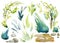 Spring set of stones, grass, tree branches watercolor clipart