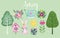 spring set trees rabbit flowers watering can bird house