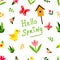 Spring set vector seamless pattern. Chicken, butterfly, flower, plant, twig, birdhouse seamless texture.