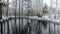 Spring sleet on pond water and red umbrella