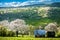 Spring Slovakia landscape. Nature fields with blooming cherries. Unique ecological land management. Polana region, Hrinova, Slovak
