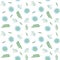 Spring small blue flowers green leaves branches pattern seamless