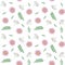 Spring small pink flowers green leaves branches pattern seamless