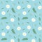 spring small white flowers green leaves chamomile branches pattern on a blue background seamless vector