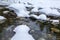 Spring, snow on the banks of a mountain river, forest and mountains, snow melting