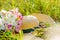 Spring straw hat lying on grass outdoor in green park in warm summer day