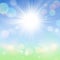 Spring Summer Bokeh Background with Sun, Blue Sky and Green Grass