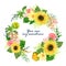 Spring summer botanical sunflower blossom foliage bouquet watercolor colorful  wreath for wedding party for invitation card party