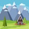 Spring or summer mountain landscape with wood country rural a-frame house