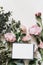 Spring, summer wedding still life scene Floral composition. Blank greeting card mockup. Pink roses, peonies flowers and