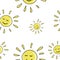 Spring sunny pattern. Hand drawn yellow cartoon suns on transparent background. Bright sunny doodle. Seamless vector