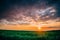 Spring Sunset Sky Above Countryside Rural Meadow Landscape. Wheat Field Under Sunny Spring Sky. Skyline. Agricultural