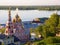 Spring sunset and Stroganov Church with mosaic domes in Nizhny Novgorod