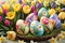 Spring Symphony: Vibrantly Painted Easter Eggs Nestled Amongst a Flourish of Spring Flowers, Foreground Focus on Eggs Delight