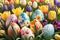 Spring Symphony: Vibrantly Painted Easter Eggs Nestled Amongst a Flourish of Spring Flowers, Foreground Focus on Eggs Delight