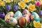 Spring Symphony: Vibrantly Painted Easter Eggs Nestled Amongst a Flourish of Spring Flowers, Foreground Focus on Eggs Delight