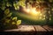 Spring Table - Green leaves and wooden board at sunset in the blurred lighted forest