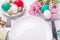 Spring table setting. Green mint plate, easter eggs, hyacinth and silver cutlery on wooden background