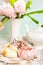 Spring tea set with multicolored fruit fluffy meringue