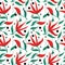 Spring themed red flowers and green leaves seamless pattern