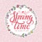 Spring time lettering.Pink floral wreath,pattern