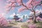 Spring time in nature with blooming tree. Blossoming cherry sakura tree, generative ai image