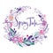 Spring time wording with hand drawn flowers in a circle, purple doodle elements, grass, leaves, flowers. Vector