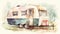 Spring tones watercolor vintage camper travel trailer generative ai