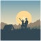 Spring travel. Silhouette of people dad and son, mountains, hills and forest on the sun and sky background. Wanderlust and camping