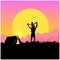 Spring travel. Silhouette of people, man and boy, mountains, hills and forest on the sun and sky background. Wanderlust and campin