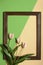 Spring tulip flowers with frame on green and beige color background. Minimal art design
