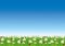 Spring vector wallpaper with blue sky and fresh green grass. Ladybugs and daisies.