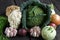 Spring vegetables on a dark background: Savoy cabbage, cauliflower, onion, garlic, kohlrabi, celery root, dill