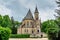 Spring view of Schwarzenberg Tomb near Trebon, Czech Republic.Neo-gothic building with tower and majestic double staircase is