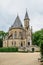 Spring view of Schwarzenberg Tomb near Trebon, Czech Republic.Neo-gothic building with tower and majestic double staircase is