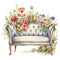 Spring vintage floral sofa watercolor illustration, spring clipart