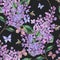Spring watercolor blooming lilacs flowers seamless pattern, bees and butterfly